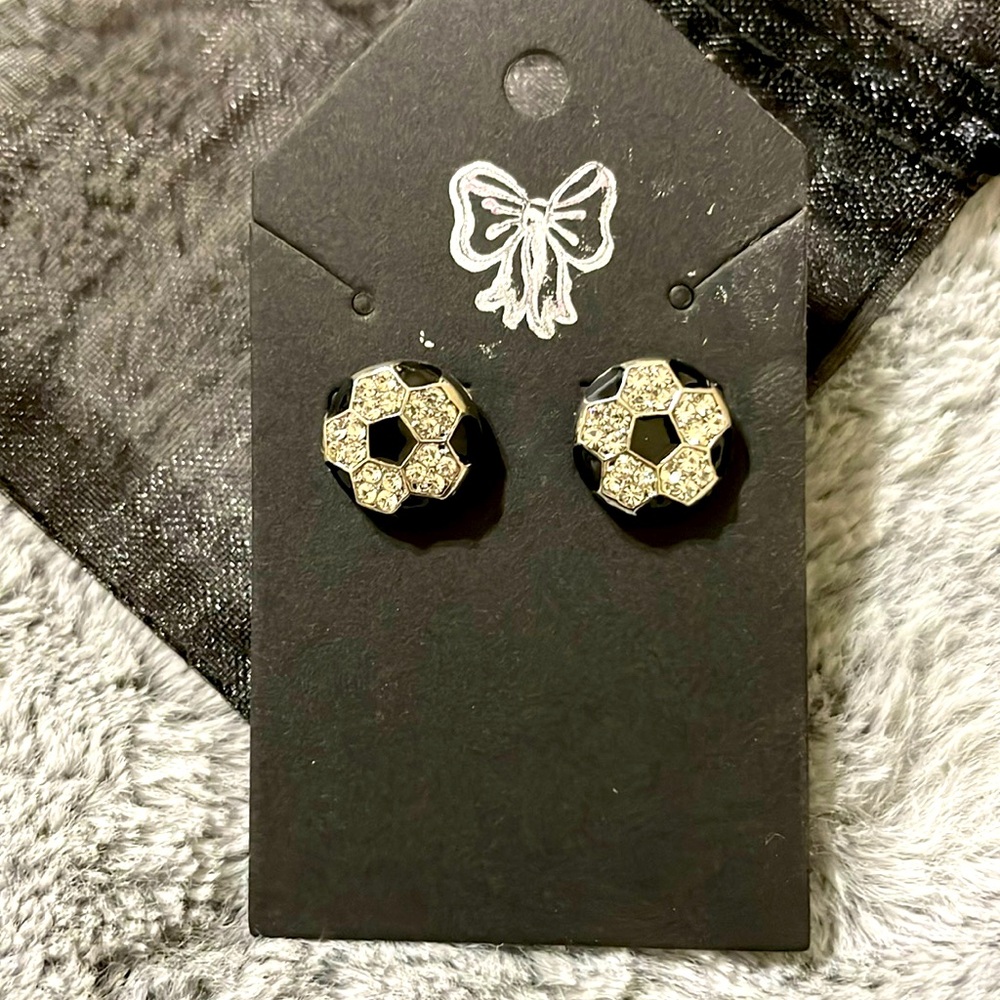 NEW soccer ball rhinestone and black enamel earrings.